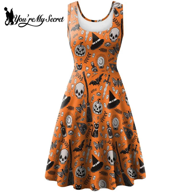 New Women's Skull Pumpkin Print Retro Vintage Sexy Tank Dress Halloween Christmas Party Prom Dress Elegant Cosplay Costumes