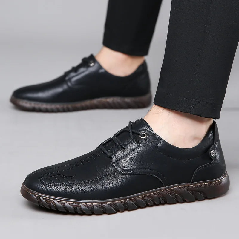Men Casual Leather Shoes Breathable Men's Cowhide Flats Solid Color Loafers Lace-up Original Sneaker for Men Cow Mocasines