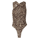 Women Leopard Tulle Bodysuit 2025 Summer Hollow Out Irregular Straps Snap-botton for Holiday Beach Style Streetwear