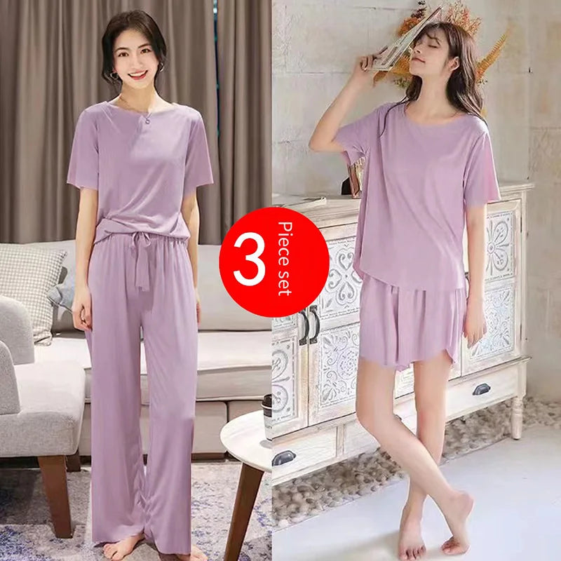 Ice Silk Pyjamas Three-Piece Set of Women's Homewear Trousers Simple Leisure and Comfortable Loose Short-Sleeved Shorts Suit