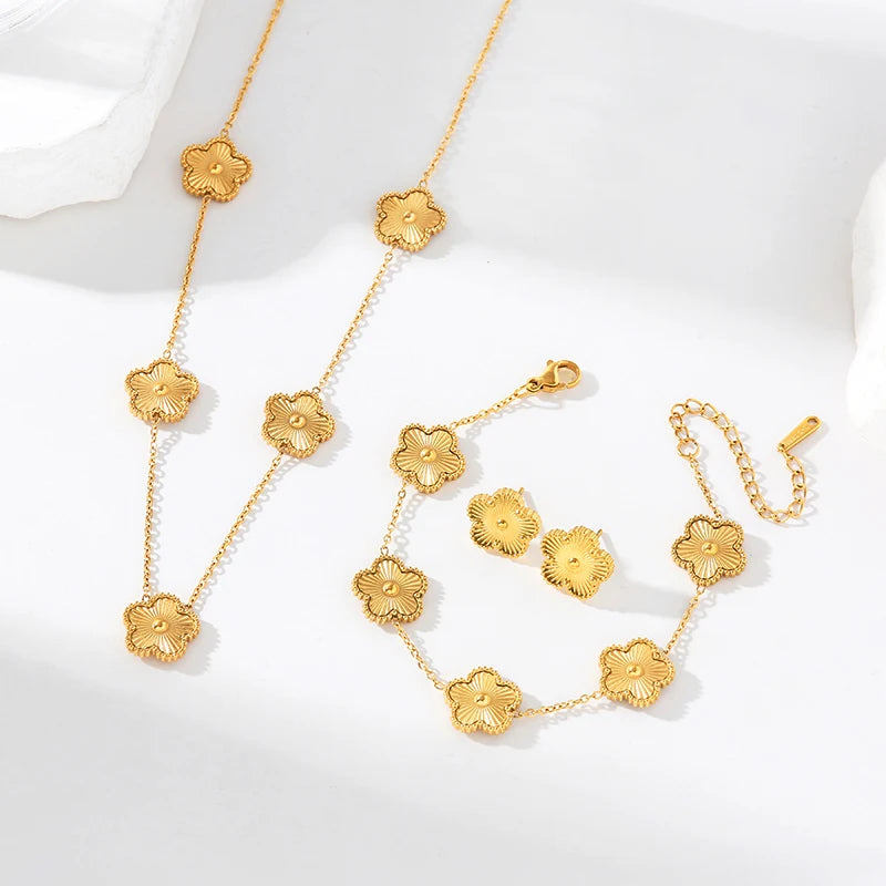 GANEMLY 316L Stainless Steel Golden Plum Blossom Plant Five Leaf Flower Set Necklace Earrings Bracelet Women Clover Jewelry Gift