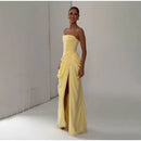 The Aurelian | Butter Yellow Mesh Strapless Pleated Evening Gown