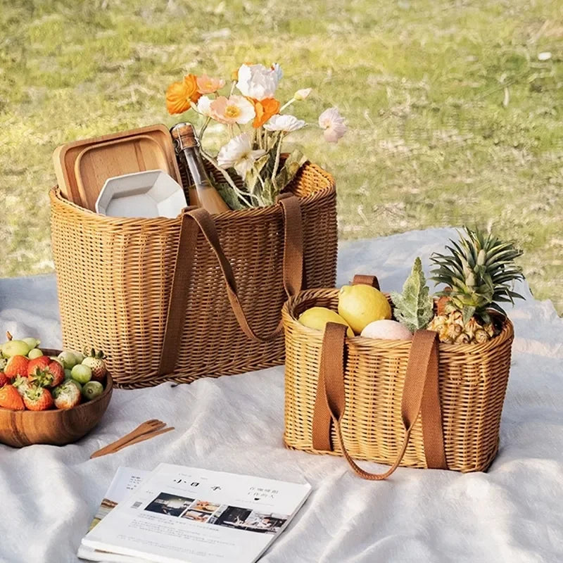 Woven Picnic Basket Multipurpose Wicker Basket Totes Storage Basket with Handle Rustic Life Shopping Organizer