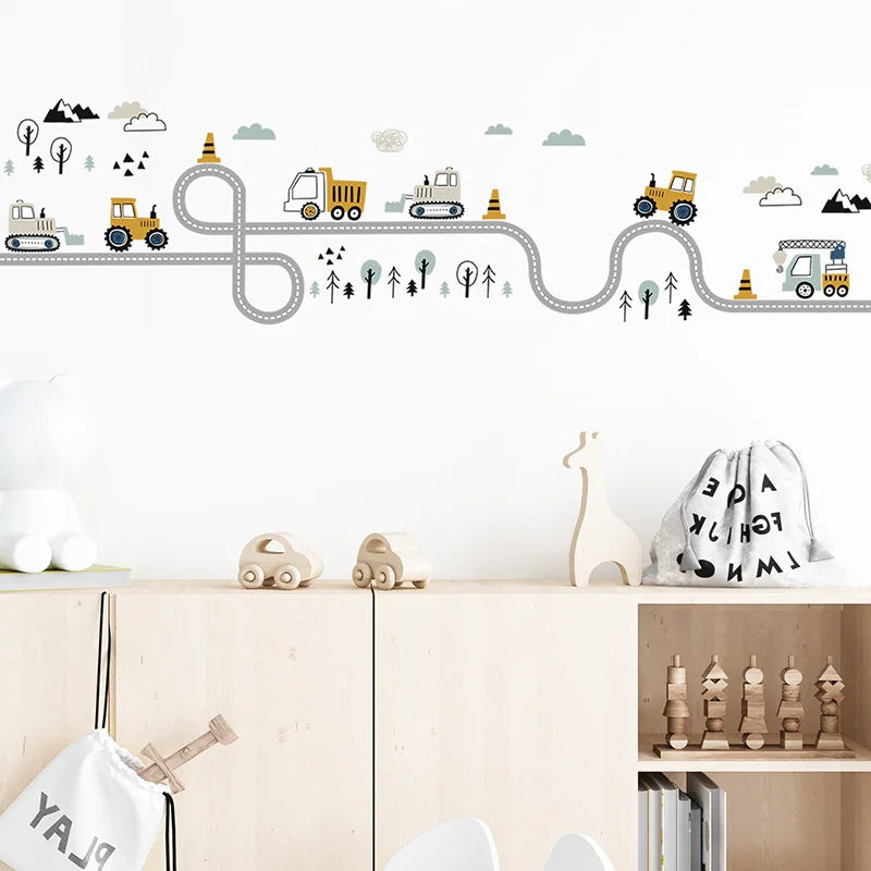 Cartoon Wall Stickers for Boys Room Decoration Traffic Track Cars Truck Tractor Bulldozer Wall Decals for Bedroom Nursery Room