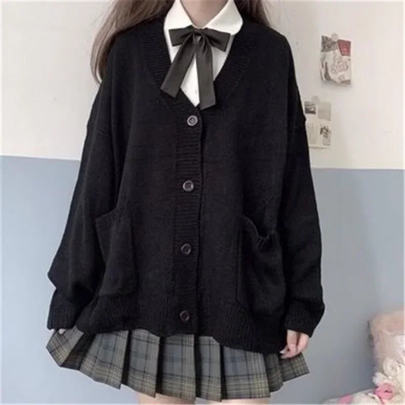 College Sweater Outerwear Cardigan JK Uniform Autumn Winter Japanese Solid V-neck Button Pocket Loose Thin Long Sleeved Knit Top