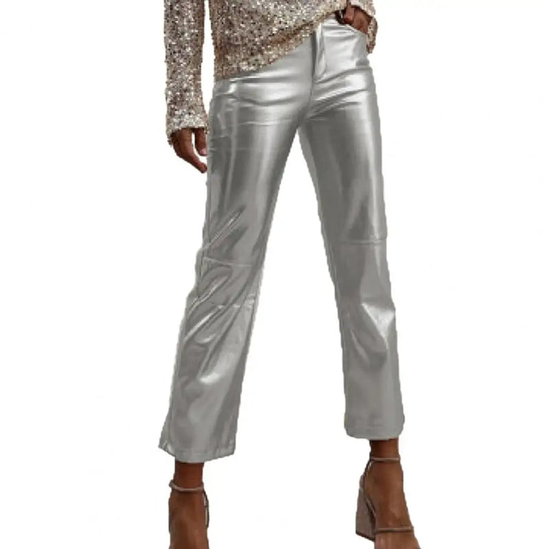 Women Metallic Straight-Leg PU Pants Faux Leather Mid Waist Zipper Breathable Club Party Lady Ninth Pants pantalones de mujer