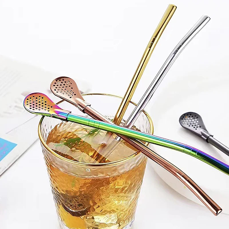 Reusable Straws Metal Stainless Steel Drinking Straw Milk Drinkware Creative Mixing Spoon Milk Tea Coffee Bar Party Accessories