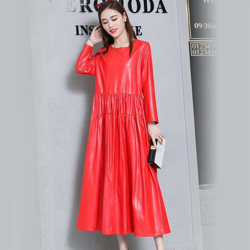 Nerazzurri Spring Casual Long Leather Dress Women Red Gray Black Maxi Elegant Pleated Faux Leather dress long sleeve Fall 2021