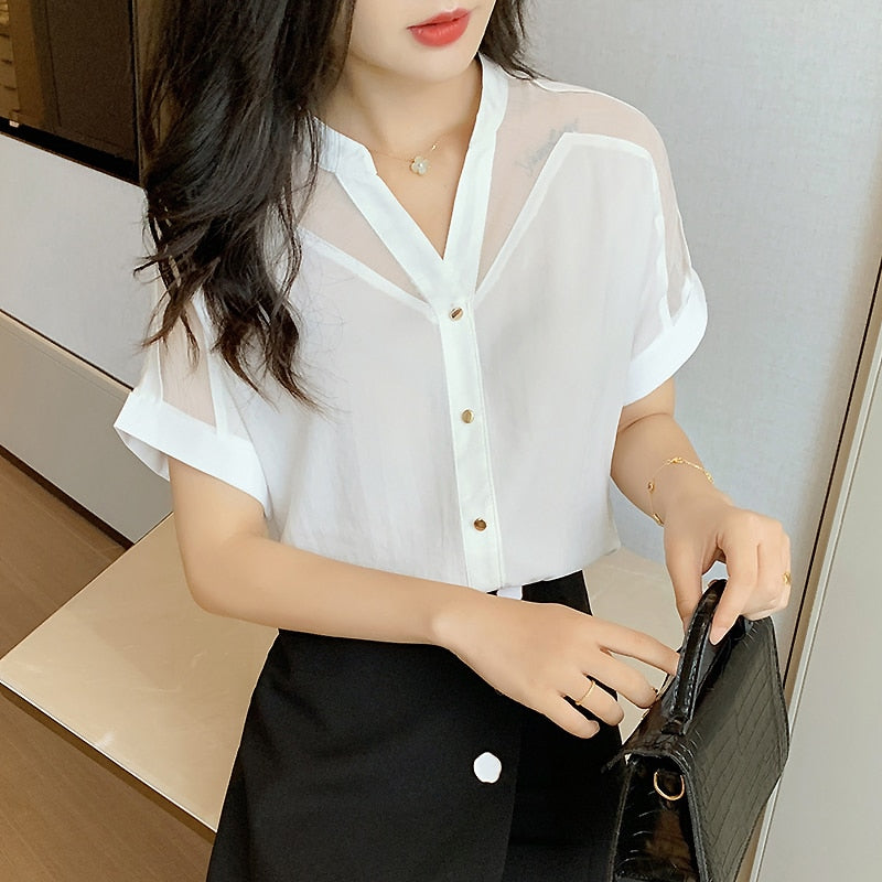 2023 Summer New Style Short-Sleeved Top Women Fashion Solid Color Mesh V-neck Women Shirts Pullover Chiffon Women Blouse 9632