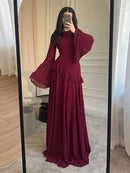 Fashion Flare Sleeve Ruff Long Dress Women Solid O-neck High Waist Slim Pleated Maxi Dresses 2025 Lady Summer Chic Party Robes