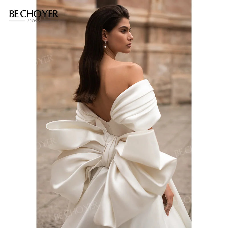 Wedding Dress 2 In 1 Bow Sleeveless Bride Gown 2024 Sweetheart Satin A-Line Court Train Princess BECHOYER EL201 Vestido de Noiva