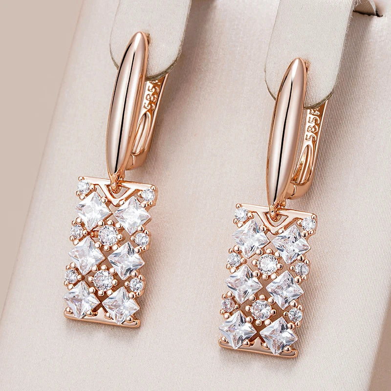 Kinel Unique Natural Zircon Long Square Dangle Earrings for Women Luxury 585 Rose Gold Color Accessories Daily Fine Jewelry