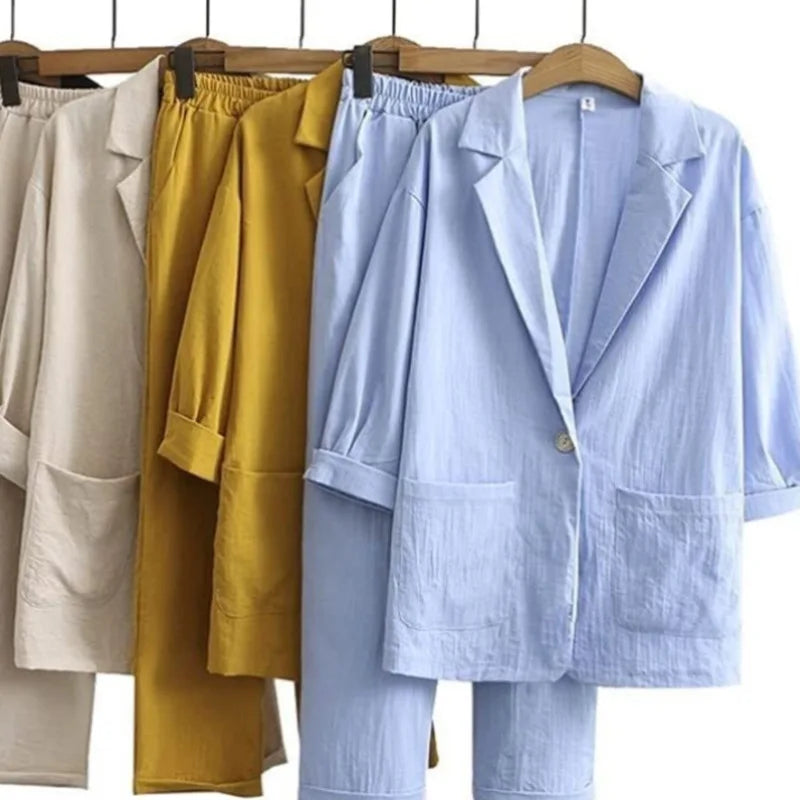 New European and American women's autumn commuting suit set, cotton and linen jacket pants, loose and fashionable casual wear