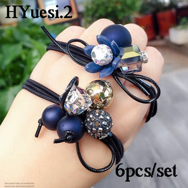 6pcs/Set Crystal Ball Beaded Hair Ties Elegant Bowknot Ribbon Hair Ropes Women High Elastic Three Layers Ponytail Rubber Band