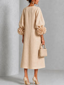 Elegant Women Linen Midi Dress O Neck 3D Floral Lantern Sleeve Button Loose Straight Long Dress Modest Casual Party Dresses