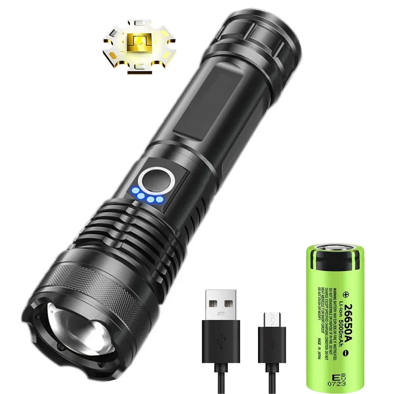 Heinast 1000lm S009 Powerful Tactical LEP Flashlight 18650 or 21700 Battery Zoom Torch Light Lamp with Tail Rope Power Indicator