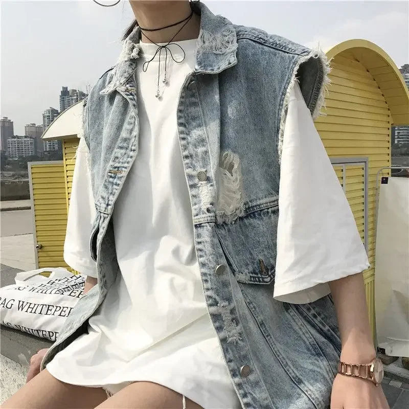 Women's Ripped Denim Vest Sleeveless Top Coat Korean Fashion Streetwear Retro Loose Spring Summer Autumn Student Jacket New