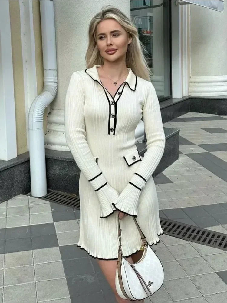 DAENERYS RES Spring Summer Fashion Women Dresses Elegant Ruffled Ribbed Long Sleeve High Street Lapel Knitting Vestidos 2024