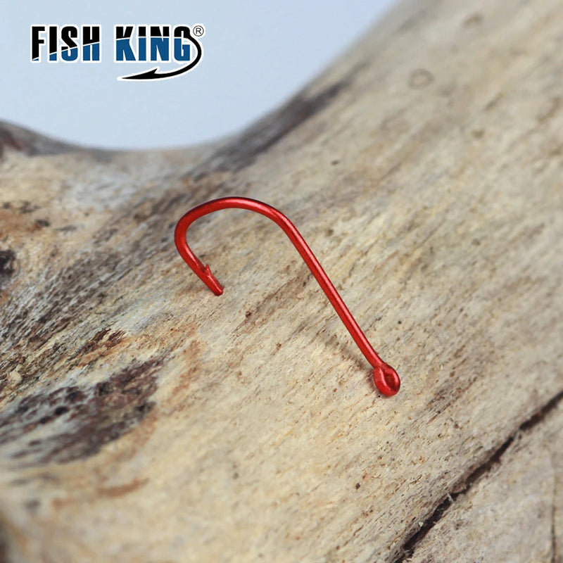 FISH KING 50pcs-100pcs Fishing Hook 6#-10# Barbed High Carbon Steel Red With eyes Bent Baitholder Ringed Carp Hook Tackle