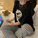Summer Gilrs Two Pieces Sets Pajamas Short Sleeve Trousers O-neck Homewear Thin Elastic Loose Soft Plaid Cartoon Printing Cute