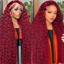 99j Burgundy Deep Wave 13x6 Lace Frontal Wig Water Wave Frontal Wig Curly Wigs 100% Human Hair  200 Density Women's Wigs 52 Inch