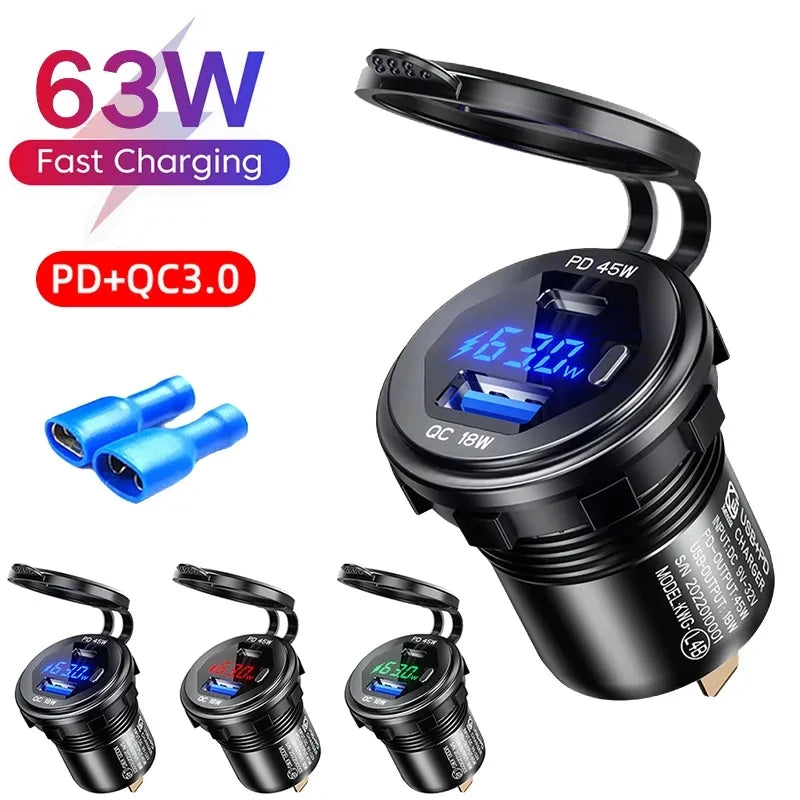 Aluminum 63W USB Charger Socket Fast Charge 12V/24V USB C Car Charger Socket PD and QC3.0 Dual USB Ports for Car Boat Motorcycle