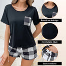 Zweiteiliger Damen-Pyjama, Rundhals-T-Shirt mit kurzen Ärmeln und karierten Shorts mit Schleife vorne, lässiges Homewear-Pyjama-Set