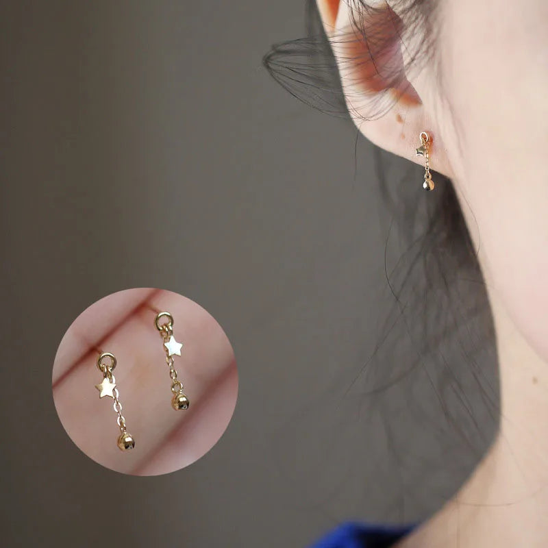 Cute Star Beads Tassel Stud Earrings Women Gold Plated Small Fresh Jewelry Zircon Earrings