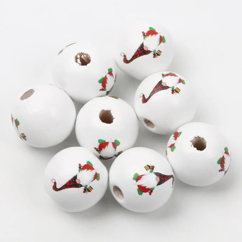 10pcs 16mm Round Christmas Wooden Beads Cartoon Wood Spacer Beads For Jewelry Making Diy Christmas Party Decor Handicrafts