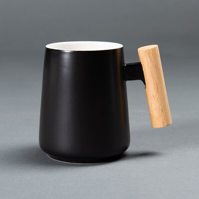 480ml Nordic New Design Simple White Black Ceramic Coffee Mug with Wooden Handle Water Cup for Business Gift Modern Style Mugs