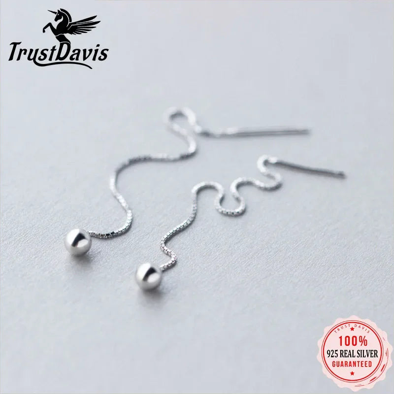 Trusta 100% 925 Sterling Silver Earrings Jewelry Drop Solid Beads Ear Line Linked Stick Cool Style For Teen Girls Women DS1277
