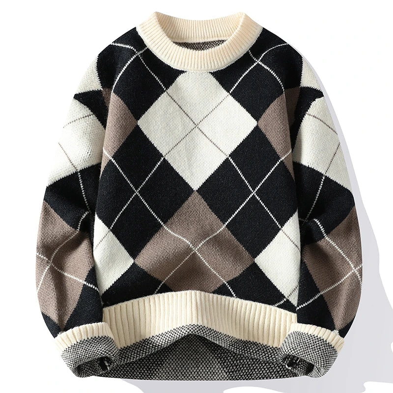 2023 New Winter Fashion Argyle Sweater Men Korean Streetwear High End Thick Warm Mens Sweaters Casual Male Christmas Pullovers