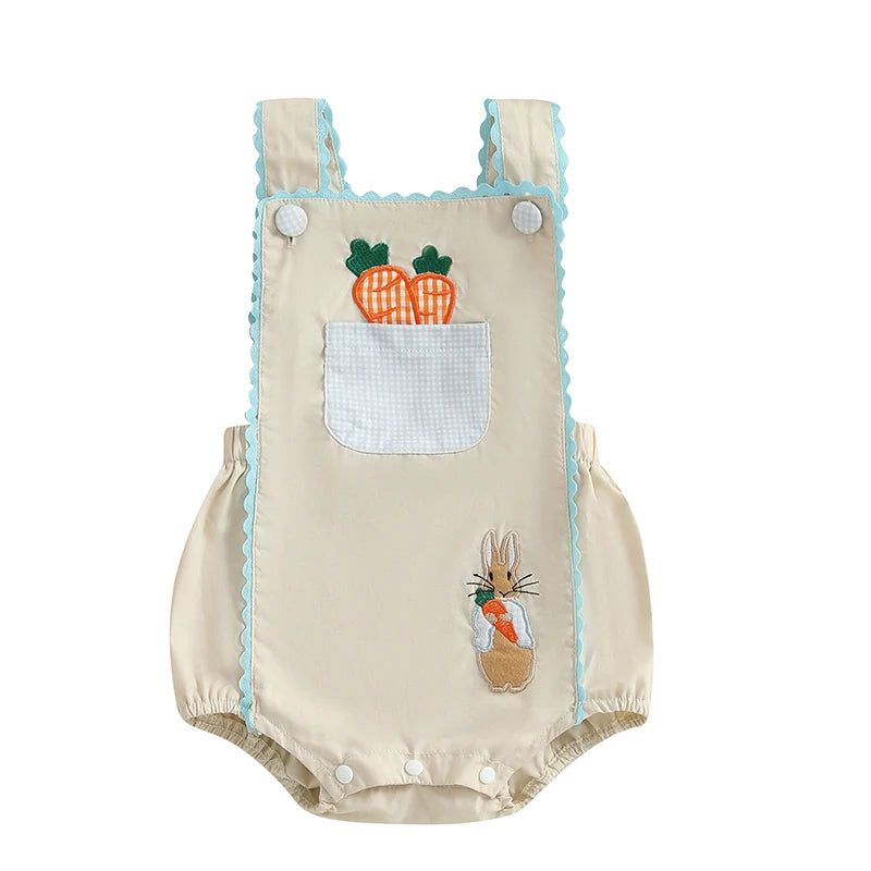 FOCUSNORM 0-18M Lovely Baby Boys Girls Easter Romper Overalls Rabbit Carrot Embroidery Sleeveless Square Neck Jumpsuit