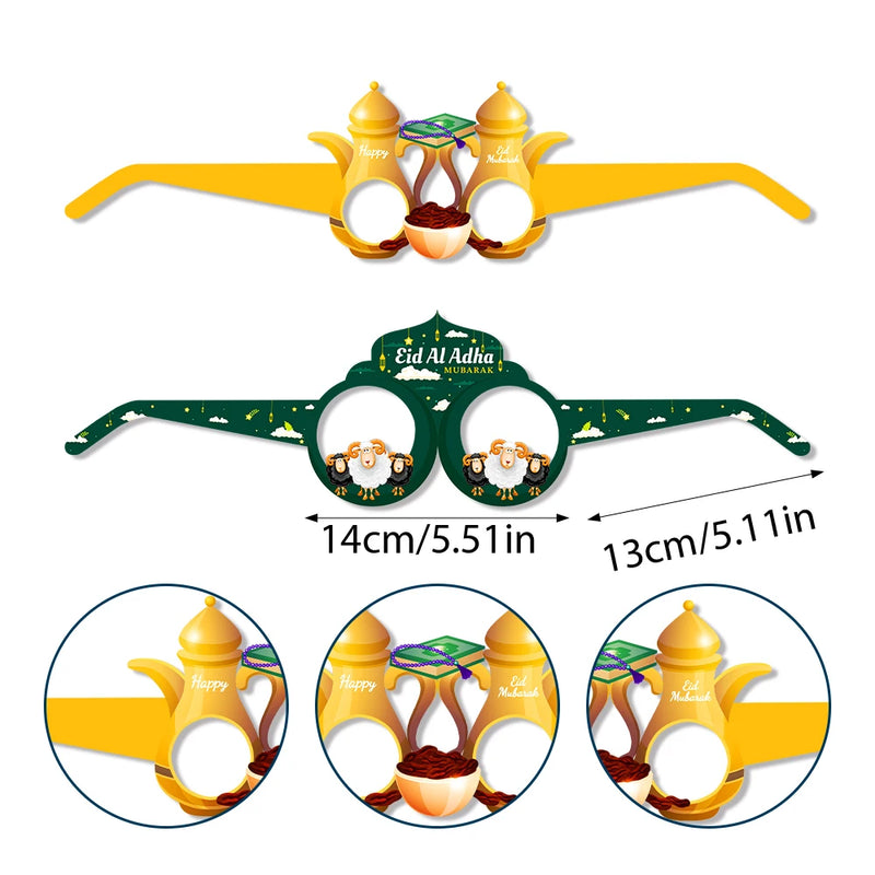 12/6pcs EID Mubarak Decoration Paper Glasses Frame Ramadan Islamic Muslim Photo Booth Props Kids Gift Eid Al Adha Party Supplies