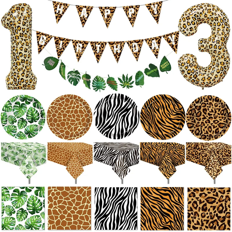 Jungle Safari Birthday 32Inch 1-9 Numbers Leopard Foil Balloon Land Animal Tiger Zebra Giraffe Disposable Tableware Party Decors