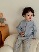 2026 Fall New Toddler Kids Pants Cotton Cartoon Embroidered Harem Pants Baby Boy Casual Striped Denim Baggy Trousers
