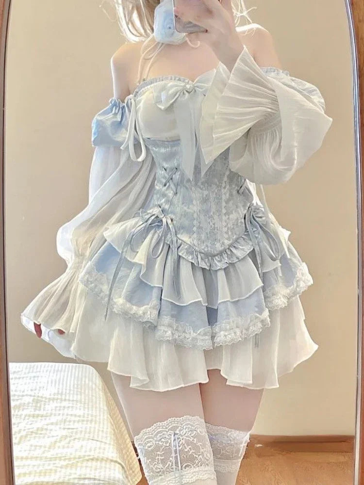 2024 Summer Blue Lolita Clothing Suit Slim Vest + Kawaii Y2k Mini Dress Elegant Short Party Dress Japanese Style Fashion Suit