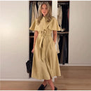 Women Trench Style Midi Dress Stand Collar Cape Overlay Short Sleeve Belted Waist A‑Line Dresses Autumn Elegant Office Outfits