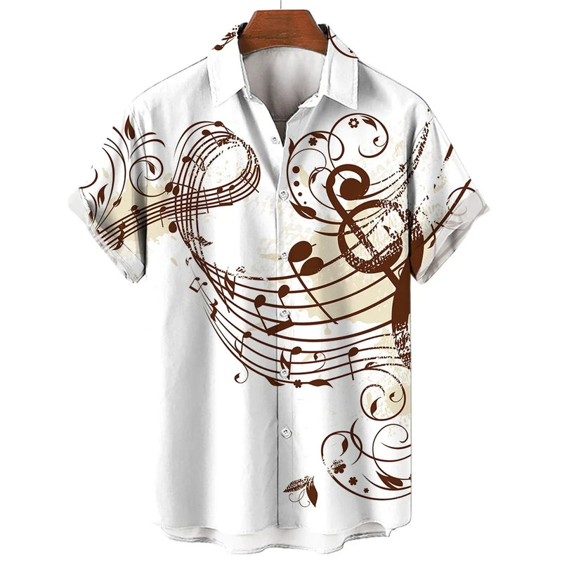 New Men's Shirt 2023 Summer Fashion Hawaiian Shirt Short Sleeve Lapel Top Music Symbol Pattern Print Shirt Oversized Man Clothes