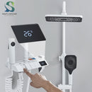 White Bathroom Shower Faucet with Digital Display 4 Function Wall Mount Hot Cold Water Tap Piano Bathroom Shower System