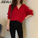 JOEVILU Red Chiffon Shirt Women French Elegant Long Sleeve Blouses Spring and Autumn Korean Fashion Tops Casual Sunscreen Jacket