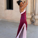 Color Blocking Scarf Collar Sling Dress Sexy Waist Cinching Chic Split Bodycon Maxi Dresses 2026 Lady Club Party Vestido