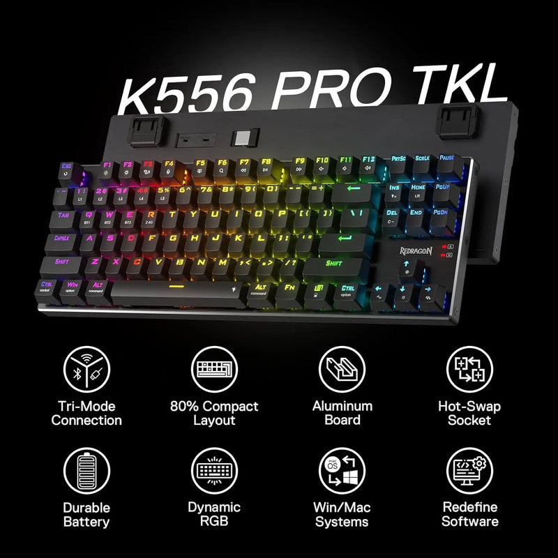 Redragon K556 PRO TKL Wireless RGB Gaming Keyboard 80% 87 Keys BT/2.4Ghz Tri-Mode Hot-Swap Mechanical Keyboard