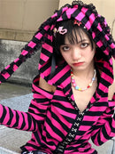 Gestreifter Print Gothic Grunge Hoodie Pink Schwarz Gothic Stil Hasenohren Hoodies Weiblich Fairy Harajuku Kawaii Slim Kapuzenpullover Egirl Top