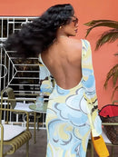 Sexy Backless Printed Dress Women's O-neck Full Sleeve Straight  Long Dresses 2026 Summer Fashion High Street New Lady Outfits