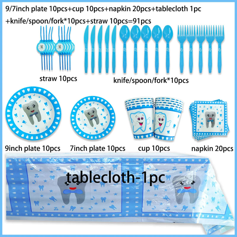 My First Tooth Blue Theme Party Disposable Tableware Stes Boy Girl First Tooth Birthday Party Decor Cups Plates  Napkins Banners