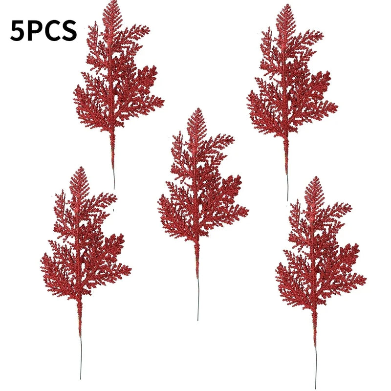 10/5Pcs Artificial Plants Pine Branches Christmas Glitter Gold Leaves Xmas Tree Decoration Pendant Christmas Home Decoration