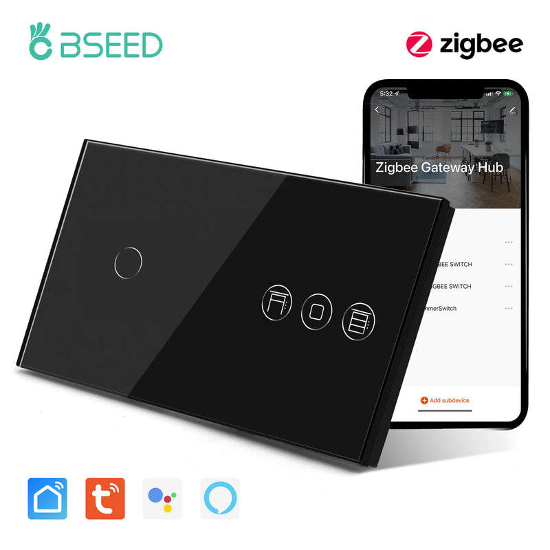 BSEED Zigbee Roller Shutter Switch Smart Light Wall Switches Electric Blinds Switch With EU Socket Support Tuya Smart Life Alexa