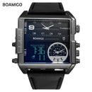 BOAMIGO brand men sports watches 3 time zone big man fashion military LED watch leather quartz wristwatches relogio masculino