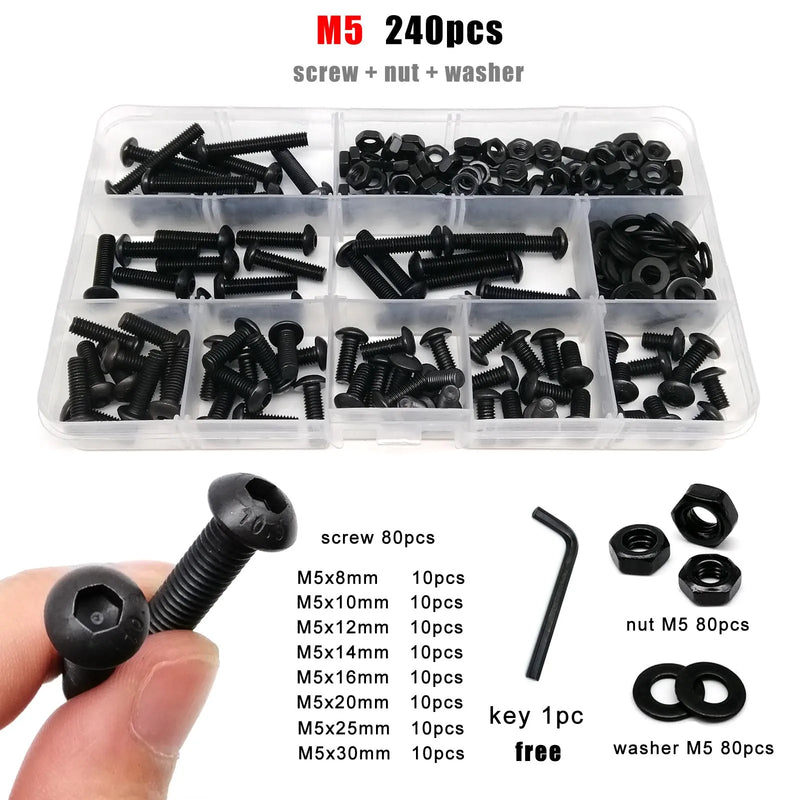 M1.6 M2 M2.5 M3 M4 M5 M6 M8 Black Grade 10.9 Steel Allen Hexagon Hex Socket Button Round Head Screw Bolt Nut Washer Kit Set Box